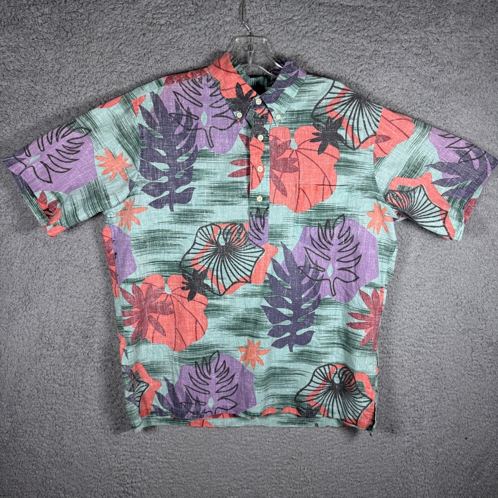 Reyn Spooner Mens Popover Hawaiian Shirt Tropical Floral Print Teal Purple XL
